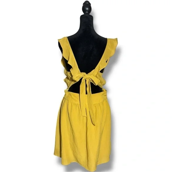 Ivy Chic Mustard Ruffle Sleeves Gathered Waist Cutout Tie Back Mini Dress - Picture 5 of 16